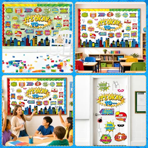 Hero Themed Mental Health Bulletin Board Set Motivational Classroom Decor It's Okay to Inspirational Affirmation Super Themed Cutouts for Back to School Party Classroom Home Chalkboard Wall Door Decor - style: It's Okay to
