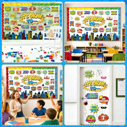 Hero Themed Mental Health Bulletin Board Set Motivational Classroom Decor It's Okay to Inspirational Affirmation Super Themed Cutouts for Back to School Party Classroom Home Chalkboard Wall Door Decor - style: It's Okay to