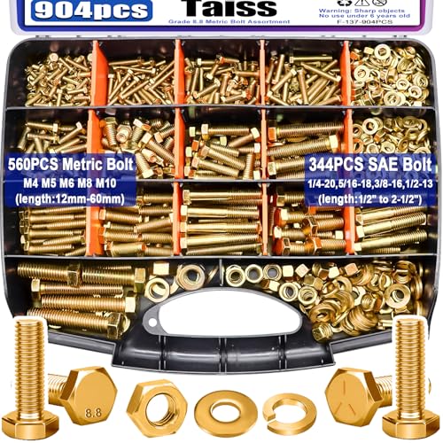 Taiss 904pcs Grade 8.8 Metric Bolt Assortment & SAE Nuts and Bolts Assortment Kit,M4 M5 M6 M8 M10 1/4-20,5/16-18,3/8-16 1/2-13(12-60mm) Heavy Duty Hex Bolt Washer Yellow Zinc Plated,with Handheld Box - color: Gold-904PCS
