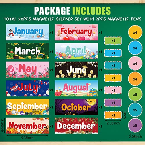 Geyee 52 Pcs Magnetic Holiday Monthly Headliners Include 12 Months of the Year Headers Seasonal Bulletin Board Border 31 Writable Round Confetti Accents 7 Rectangle Label(Cute) - style: Cute