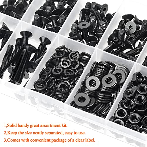 HELIFOUNER 380 Pieces M4 x 6mm /8mm /10mm /12mm /16mm /20mm /25mm, Countersunk Head Socket Cap Screws Bolts Washers Nuts Kit, 10.9 Grade Alloy Steel, Full Threaded, Black - size: M4, style: Countersunk Head