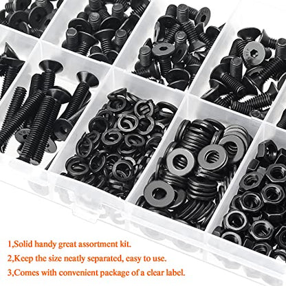 HELIFOUNER 380 Pieces M4 x 6mm /8mm /10mm /12mm /16mm /20mm /25mm, Countersunk Head Socket Cap Screws Bolts Washers Nuts Kit, 10.9 Grade Alloy Steel, Full Threaded, Black - size: M4, style: Countersunk Head
