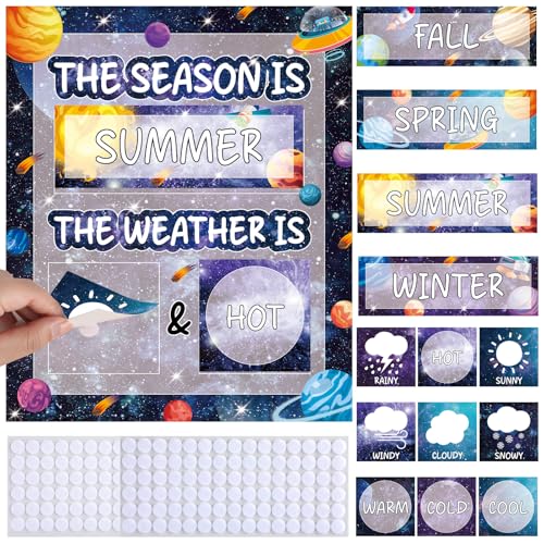 Outer Space Galaxy Season and Weather Calendar Bulletin Board Season Calendar Posters with Weather Cards Hook and Loop Dots for Classroom Wall Decor Preschool Kindergarten Student Teacher Supplies - style: Outer Space Galaxy