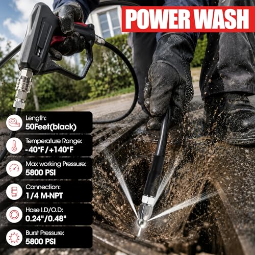 Sewer Jetter Kit for Pressure Washer 50 FT, Drain Cleaning Hose with Short Gun, 1/4" NPT, Rotating, Button Nose & Corner Nozzles, High Pressure Pipe Cleaner for Sewer and Drain Cleaning - color: Black - With Gun, size: 50FT