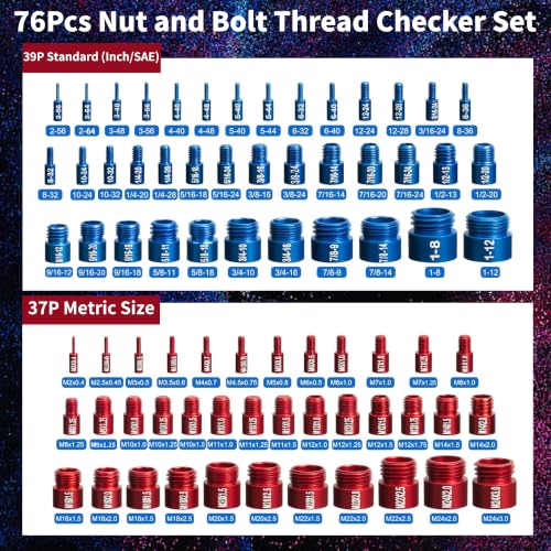 76Pcs Nut and Bolt Thread Checker with 37 Metric & 39 Standard Gauges, Thread Gauges Measuring and Bolt Size Finder Tool with Storage Case Suitable for Tight Spaces & DIY