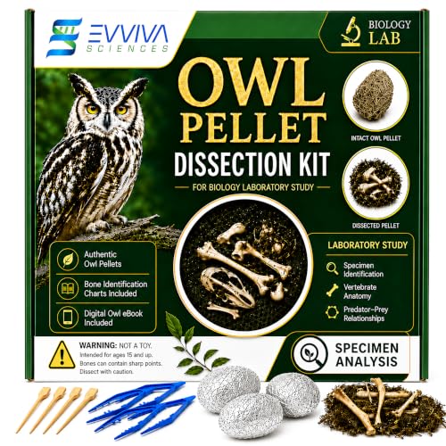 ES EVVIVA SCIENCES Owl Pellet Kit - Dissect 4 Real Owl Pellets w/Tools & PDF Bone Charts - Science Education Kit for Ages 15+ - Hands-On Animal Biology Science Lab Activity - Includes Owl eBook