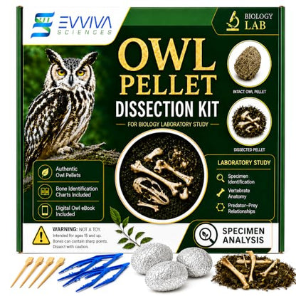 ES EVVIVA SCIENCES Owl Pellet Kit - Dissect 4 Real Owl Pellets w/Tools & PDF Bone Charts - Science Education Kit for Ages 15+ - Hands-On Animal Biology Science Lab Activity - Includes Owl eBook