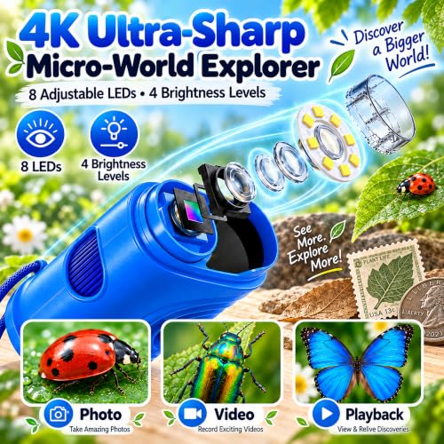 Kids Microscope, 4K 1000X Zoom, 2.4" Screen, STEM Toy for 4-8, Blue - color: Blue