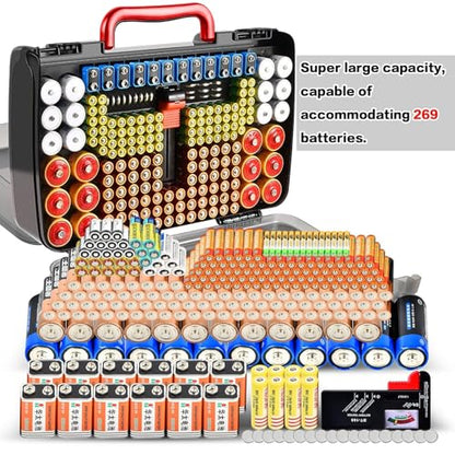 Battery Organizer Storage Case with Tester for 269 Batteries, Double Sides - color: Black Case+Red Handle