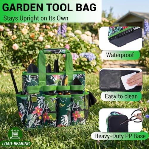 MELOTOUGH 12-Pocket Garden Tool Bag with Hard Bottom, Gardening Tote, Green - color: Green Leaf