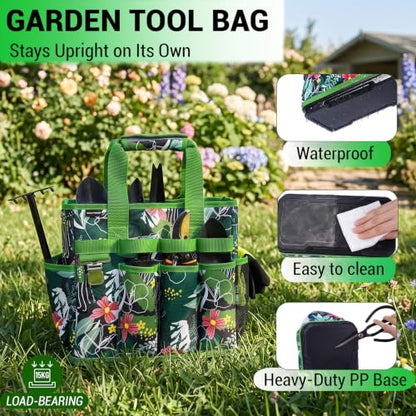MELOTOUGH 12-Pocket Garden Tool Bag with Hard Bottom, Gardening Tote, Green - color: Green Leaf
