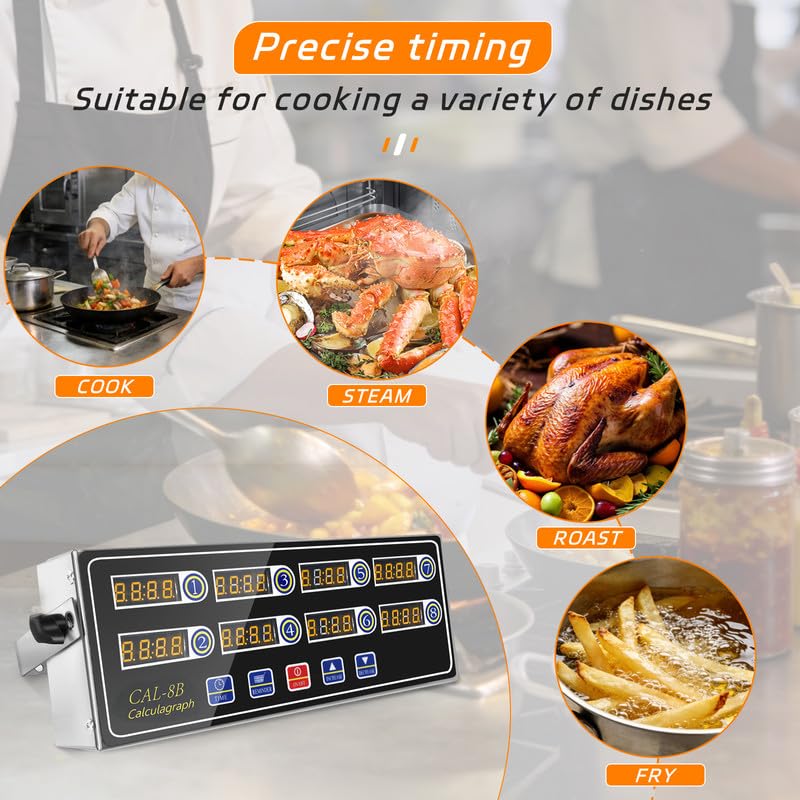 8-Channel Digital Kitchen Timer, Commercial Stainless Steel with Large LCD, Loud Alarm, 99H Memory, Waterproof Timer for Restaurant, Baking, Home