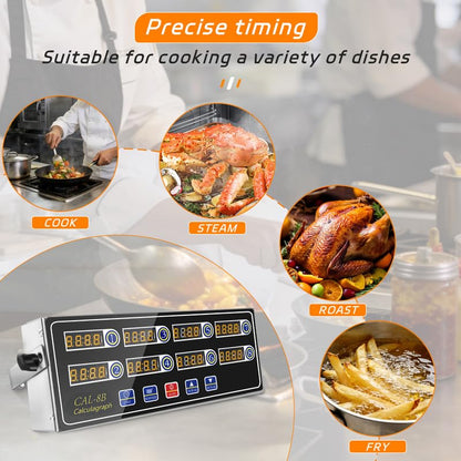 8-Channel Digital Kitchen Timer, Commercial Stainless Steel with Large LCD, Loud Alarm, 99H Memory, Waterproof Timer for Restaurant, Baking, Home