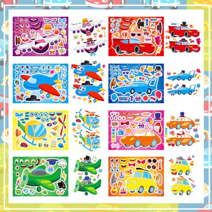 24 Sheets Race Car, Plane & Helicopter Stickers for Kids, Make Your Own Vehicle, Transportation Party Favors, Birthday Gifts, Classroom Rewards - color: Plane&cars