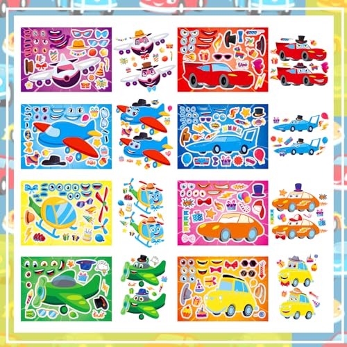 24 Sheets Race Car, Plane & Helicopter Stickers for Kids, Make Your Own Vehicle, Transportation Party Favors, Birthday Gifts, Classroom Rewards - color: Plane&cars