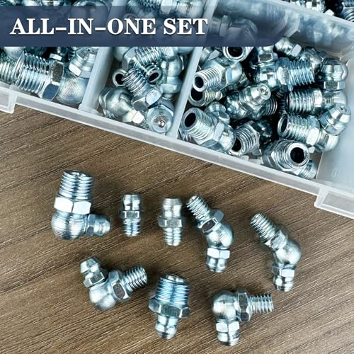 SAE Grease Fittings Kit - 110PCS NPT 1/4" 1/8" Grease Zerk Fittings Assortment with Straight 45 90 Degree Angled for Grease Gun - size: 110PCS SAE Assortment
