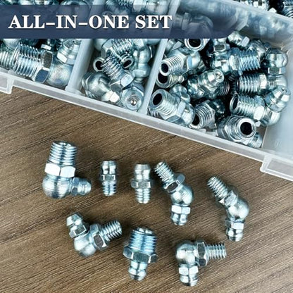 SAE Grease Fittings Kit - 110PCS NPT 1/4" 1/8" Grease Zerk Fittings Assortment with Straight 45 90 Degree Angled for Grease Gun - size: 110PCS SAE Assortment