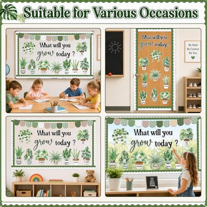 Plant Bulletin Board Decorations Set Inspirational Greenery Eucalyptus Classroom Decor What Will You Grow Today Growth Mindset Paper Cutouts for Back to School Teacher Home Wall Door Party Supplies - style: Plant
