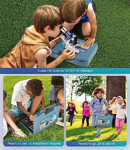 58-Piece Kids Microscope Kit - 100X-1200X Magnification, Metal Body, LED Light, Carrying Box - Science Experiment Toy for Kids Ages 5-12 - color: Blue