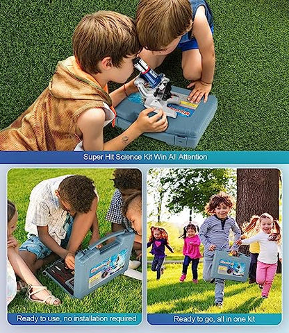 58-Piece Kids Microscope Kit - 100X-1200X Magnification, Metal Body, LED Light, Carrying Box - Science Experiment Toy for Kids Ages 5-12 - color: Blue