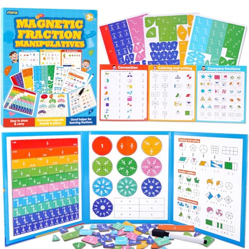 Magnetic Fraction Educational Puzzle, Magnetic Fraction Demonstration Book, Fraction Tiles & Circles, Montessori Math Manipulatives for Elementary School, Fraction Learning Toys for Kids - color: Three pages