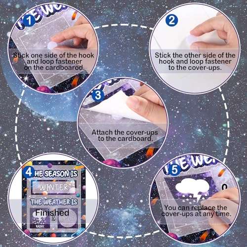 Outer Space Galaxy Season and Weather Calendar Bulletin Board Season Calendar Posters with Weather Cards Hook and Loop Dots for Classroom Wall Decor Preschool Kindergarten Student Teacher Supplies - style: Outer Space Galaxy
