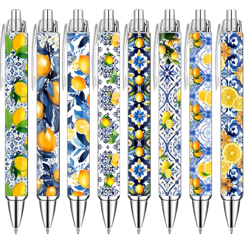 Capri Lemon Pens Set – Mediterranean-Inspired Ballpoint Pens for Girls, Students, and Stationery Lovers – Smooth Writing Pens for School, Journaling, or Gifts – Bright and Elegant Design, 8 Pack - color: Capri lemon