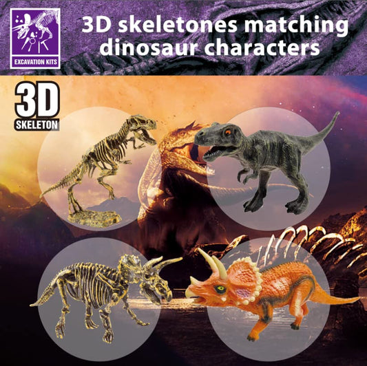 Dinosaur Fossil Dig Kit, Dino Excavation Kits for Kids, Educational Science Kits, Dinosaur Toys for Kids, Dig up 2 3D Skeleton Puzzles and 2 Dino Figures Including T-Rex, Triceratops - style: 2 Dino Skeletons+2 Dino Figures