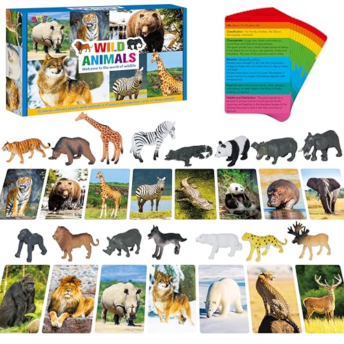 15 PCS Safari Animal Figurines with 15 Introducing Flashcards, Realistic Zoo Animal Figures Montessori Toys Science Educational Matching Game for Homeschool Preschool Toddler Kids - style: Wildlife Set (including cards)