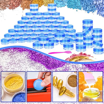 100 Pcs 3g Empty Plastic Containers with Lids,Tiny Makeup Sample Containers, Small Pot Jars Blue Round Cosmetic Jars with 20 Pcs Mini Spatulas for Liquid Sample Powder Creams (Blue Lid) - color: Blue, size: 100PCS
