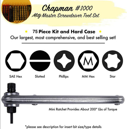 Chapman MFG 1000 Mity Master Set - Includes Phillips, Slotted, SAE & Metric MM Hex, Ball Allen Hex, JIS, Star (for Torx), Robertson Bits, Complete Set 68 USA Made Insert Bits, Mini Ratchet Hand Tool - size: 84 Piece Set