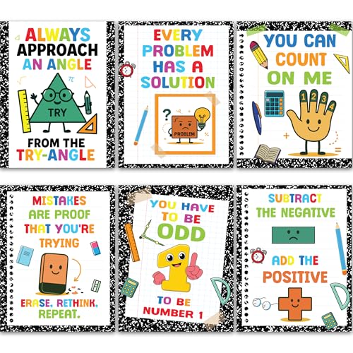 KATINAT 6pcs Math Posters for Preschool, Middle School, Math Classroom Must Haves, 10" x 14" Motivational Posters for Classroom, Composition Notebook Classroom Décor, Teacher Supplies - color: Math Poster