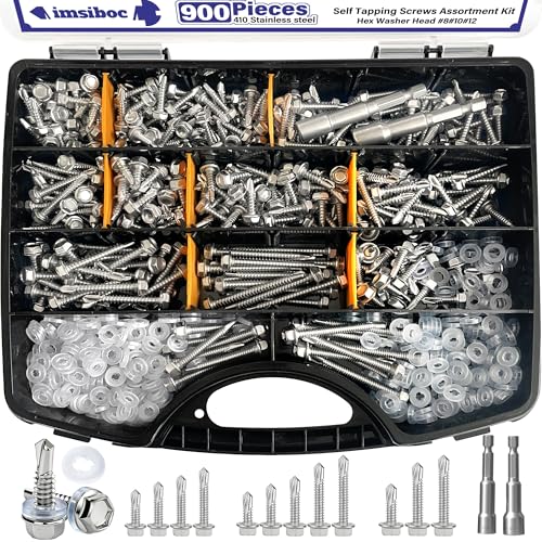 900PCS #8#10#12 Self Tapping Screws for Metal, 410 Stainless Steel Hex Washer Head Self Drilling Sheet Metal Screws Assortment Kit with Rubber Washers - color: Silver