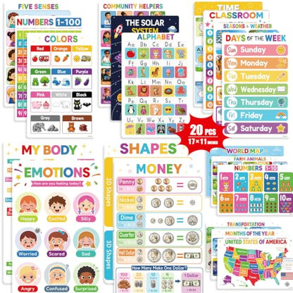 Laminated Educational Posters for Classroom, Preschool Learning Posters - 20 PCS Kindergarten Classroom Decor with Alphabet, Numbers, Weather, Emotions Charts, Teacher Supplies with Rounded Corners