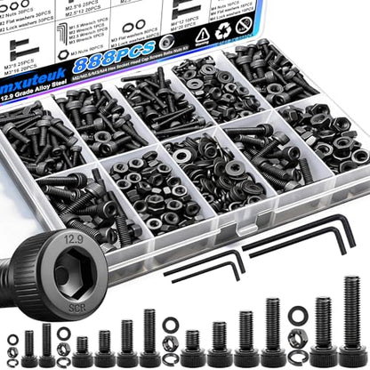 mxuteuk 888PCS Metric Screws Assortment,M4 M3 M2.5 M2 Screws Kit, Suitable for 3D Printing DIY, Grade 12.9 Alloy Steel Hex Socket Head Cap Bolts Nuts and Washers Kit, Black Zinc Plated - size: 888PCS M2-M4