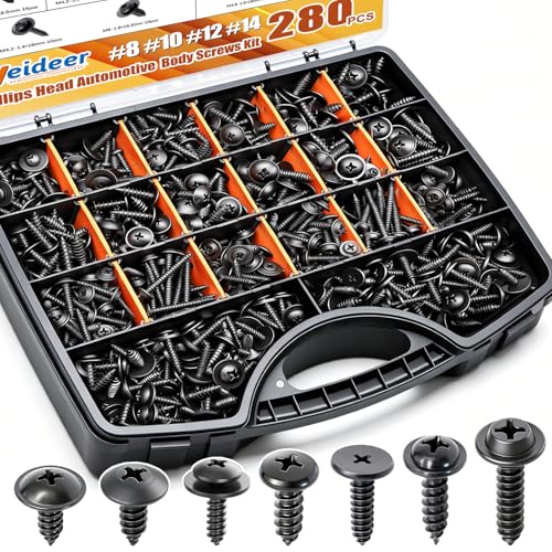 weideer 280pcs Automotive Body Screw Assortment Kit,#8#10#12#14 Automatic Trim Screws, Self Tapping Screw,Phillips Head&Washer Head Universal Fender Liner Screw - color: BK M4.2- M6.3 Kit