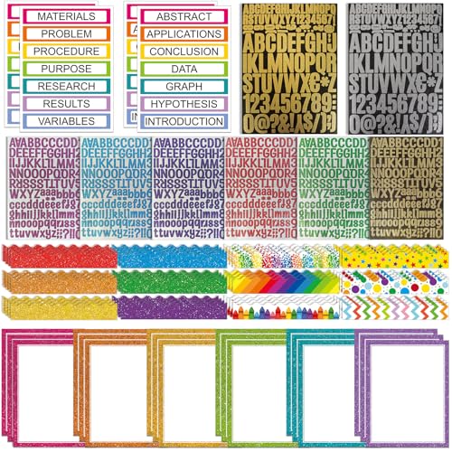Sinload 92 Pcs Science Fair Board Supplies 60 Trim Scalloped Poster Boards 18 Presentation Subtitles 6 Project Titles 8 Letter Sticker for Classroom Display Boards (Glitter Neon,Wave) - color: Glitter Neon, style: Wave