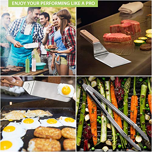 Metal Spatula Set of 6 - Griddle Accessories kit - Grill Flat Spatula Pancake Flipper Hamburger Turner - Metal Utensil Great for BBQ Grill Flat Top Cast Iron Griddle - color: Wooden handle set with tongs and bottles