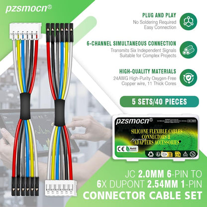 Silicone Flexible Jumper Wires Breadboard 24AWG 20cm 5 Sets/40 Pcs for 6 Dupont 2.54mm 1-Pin to JC 2.0mm 6-Pin Plug Connector Between Motor、DIY Module and Expansion/Development Boards Cable