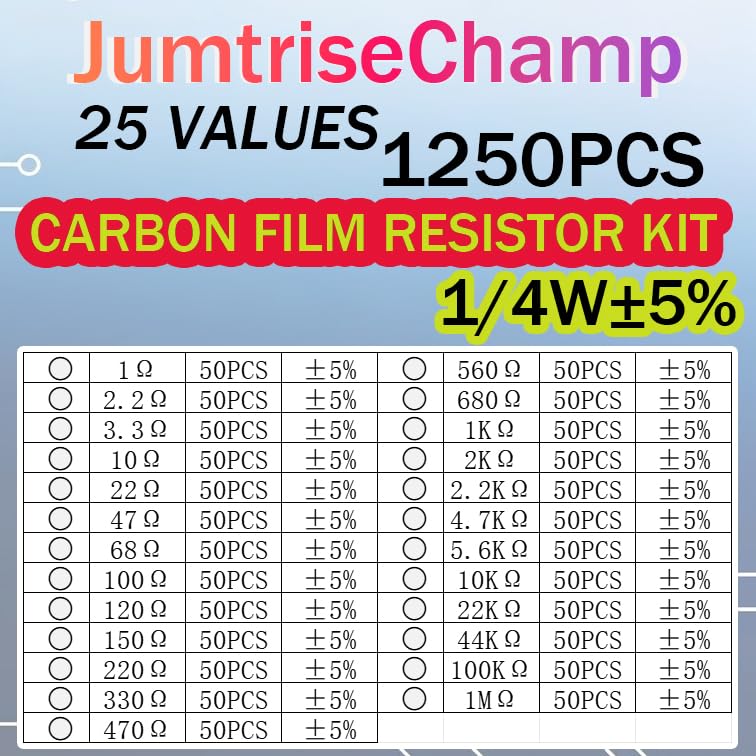 25 Values 1250pcs Resistor Kit 1 Ohm to 1M Ohm 1/4W ±5%