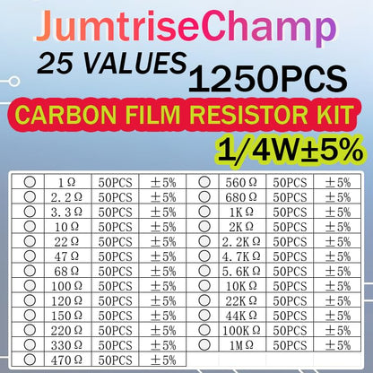 25 Values 1250pcs Resistor Kit 1 Ohm to 1M Ohm 1/4W ±5%