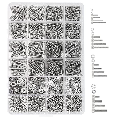 HELIFOUNER 1280 Pieces M2 M2.5 M3 M4 304 Stainless Steel Hex Socket Cap Metric Screws Bolts Washers Nuts Hardware Assortment Kit with Hex Wrenches - size: M2 M2.5 M3 M4