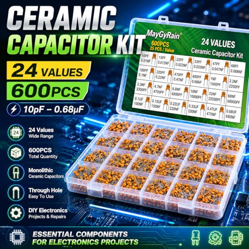Ceramic Capacitor Kit – 24 Values, 600PCS, 10pF to 0.68µF, Monolithic Capacitors Assortment for Arduino, DIY Electronics, Power Supply, Audio Circuits (24Values*25pcs=600pcs)