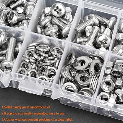 HELIFOUNER 210 Pieces M5 x 6mm /8mm /10mm /12mm /16mm /20mm, Phillips Pan Head Machine Screws, Metric Screws Bolts Washers Nuts Kit, 304 Stainless Steel - size: M5
