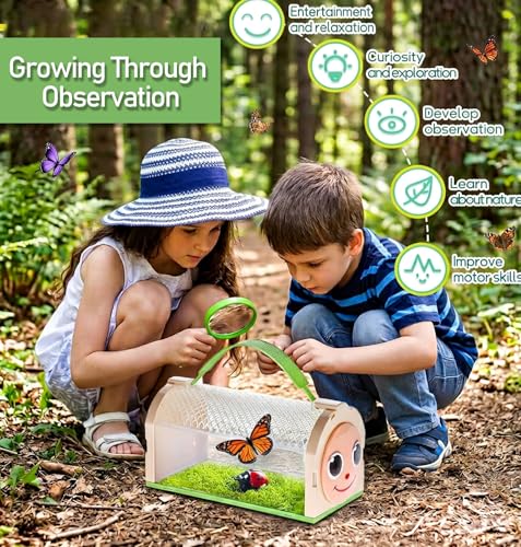 Bug Catcher for Kids Bug Catching Kit,Critter Habitat Box Insect Collecting,Includes Carrying Handle and Easy-Access Door,with Bug Tong,Tweezer & Magnifying Glass,Gift for Boys and Girls