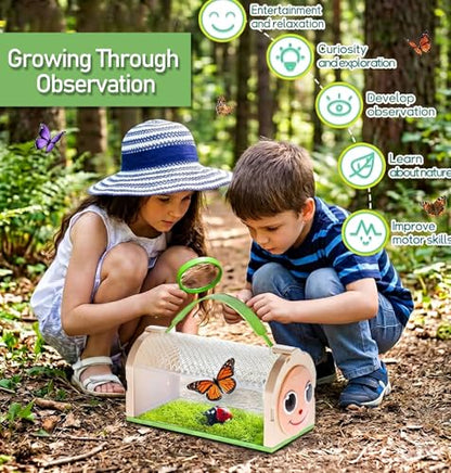 Bug Catcher for Kids Bug Catching Kit,Critter Habitat Box Insect Collecting,Includes Carrying Handle and Easy-Access Door,with Bug Tong,Tweezer & Magnifying Glass,Gift for Boys and Girls