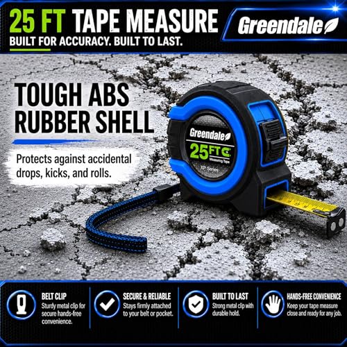 Greendale – 6 Pack Tape Measures 25 ft – Easy-Read Fractions, Magnetic Tip, Quick-Lock & Auto-Retract – Heavy-Duty Measuring Tape with Belt Clip – Blue - color: Blue
