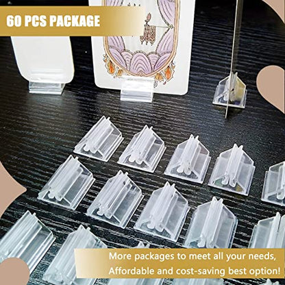 Table Number Place Card Playing Card Holders 60 Pack, Small Clear Acrylic Business Card Holder Stand for Display Paper Game Piece Picture Clip Price Board Photo Memo Menus Label Stand Party, 0.75in