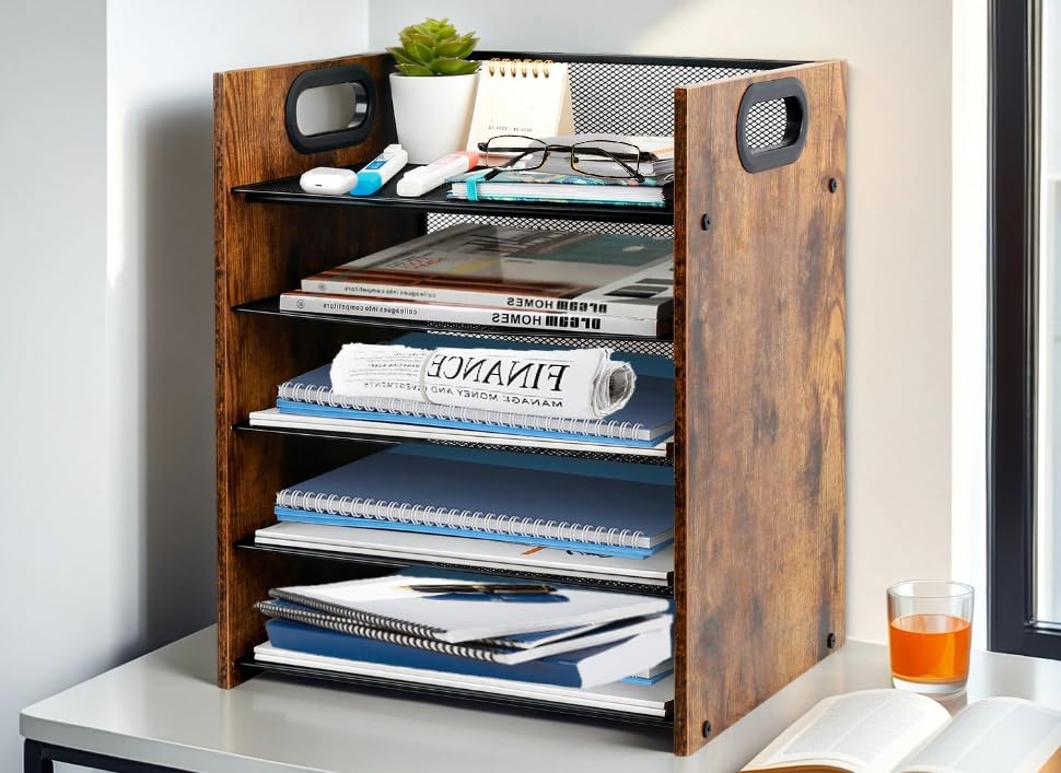 Desk Organizer - 5-Tier Desktop File Organizer, Wooden Paper Tray Organizer, Office Desk Organzier and Accessories for Papers, Mail, Notebooks, Stationery - size: 5 Tier