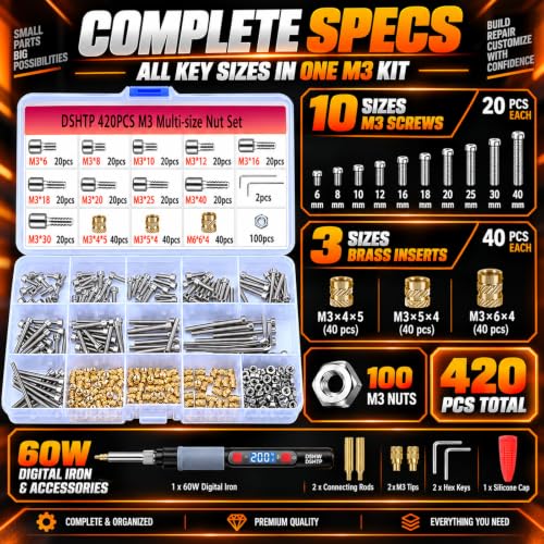 Heat Set Insert Kit for 3D Printing,Threaded Insert Kit for Plastic,420Pcs - size: M3